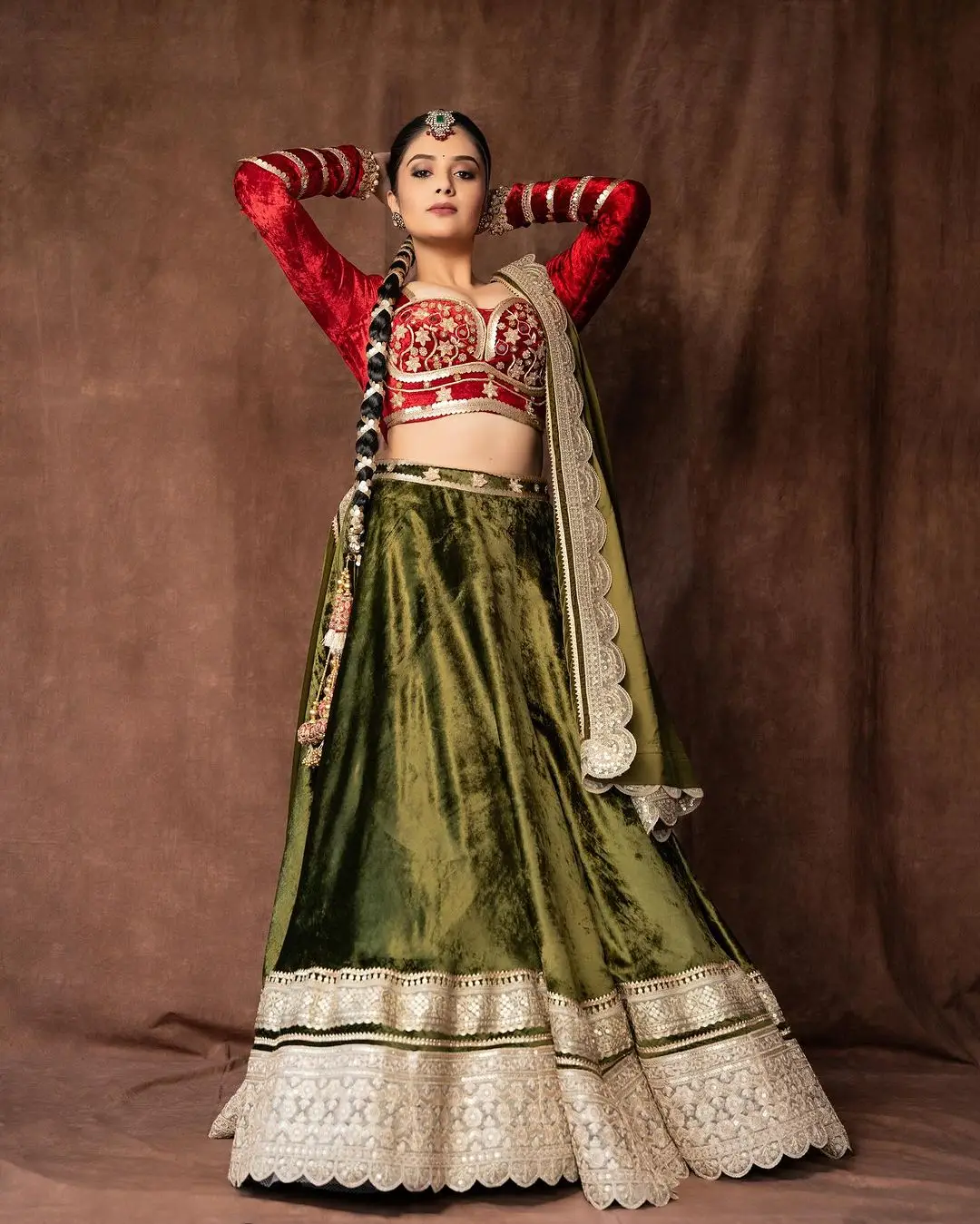 Indian TV Actress Sreemukhi in Traditional Green Lehenga Red Choli